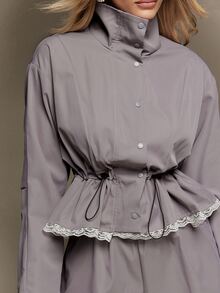 Hauture Women's Grey Lace Trim Pleated Jacket, Stand Collar Drawstring Waist Button Front Casual Autumn Outerwear - Grey - View 6