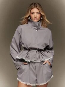 Hauture Women's Grey Lace Trim Pleated Jacket, Stand Collar Drawstring Waist Button Front Casual Autumn Outerwear - Grey - View 3