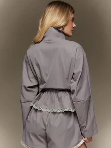 Hauture Women's Grey Lace Trim Pleated Jacket, Stand Collar Drawstring Waist Button Front Casual Autumn Outerwear - Grey - View 5