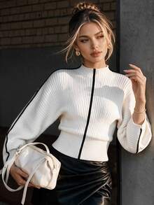 Ritzy Row Women Autumn New Crew Neck Textured Batwing Long Sleeve Pullover Sweater, Black And White Striped Contrast Trim Casual Knit Top Office - Multicolor - View 1