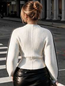 Ritzy Row Women Autumn New Crew Neck Textured Batwing Long Sleeve Pullover Sweater, Black And White Striped Contrast Trim Casual Knit Top Office - Multicolor - View 7