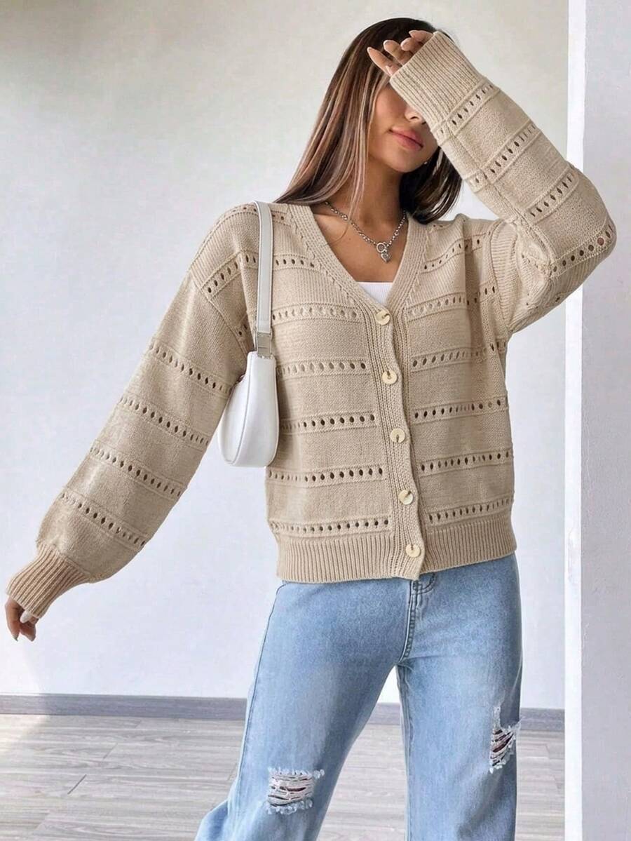 SHEIN Holidaya 卡其色鏤空寬鬆休閒秋冬針織開襟衫 - 卡其色 - 查看 1