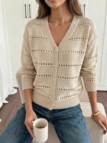 SHEIN Holidaya 卡其色鏤空寬鬆休閒秋冬針織開襟衫 - 卡其色 - 查看 6