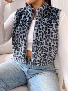 SHEIN EZwear 大尺碼圓領無袖豹紋拉鍊夾克 - 藏蓝色 - 查看 1