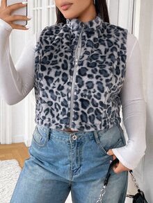 SHEIN EZwear 大尺碼圓領無袖豹紋拉鍊夾克 - 藏蓝色 - 查看 11