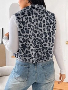 SHEIN EZwear 大尺碼圓領無袖豹紋拉鍊夾克 - 藏蓝色 - 查看 2