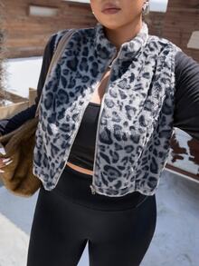 SHEIN EZwear 大尺碼圓領無袖豹紋拉鍊夾克 - 藏蓝色 - 查看 5