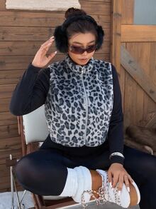 SHEIN EZwear 大尺碼圓領無袖豹紋拉鍊夾克 - 藏蓝色 - 查看 8