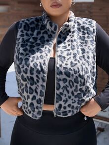 SHEIN EZwear 大尺碼圓領無袖豹紋拉鍊夾克 - 藏蓝色 - 查看 7