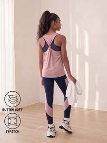 SHEIN Tween Girls' 3pcs Blue & Pink Spliced Sports Set, Indoor And Outdoor Activities Such As Running, Cycling, Etc., Autumn Winter, Fall, Back To School - Multicolor - View 7