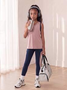 SHEIN Tween Girls' 3pcs Blue & Pink Spliced Sports Set, Indoor And Outdoor Activities Such As Running, Cycling, Etc., Autumn Winter, Fall, Back To School - Multicolor - View 8