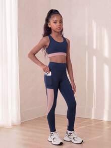 SHEIN Tween Girls' 3pcs Blue & Pink Spliced Sports Set, Indoor And Outdoor Activities Such As Running, Cycling, Etc., Autumn Winter, Fall, Back To School - Multicolor - View 5