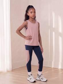 SHEIN Tween Girls' 3pcs Blue & Pink Spliced Sports Set, Indoor And Outdoor Activities Such As Running, Cycling, Etc., Autumn Winter, Fall, Back To School - Multicolor - View 6
