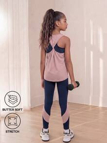 SHEIN Tween Girls' 3pcs Blue & Pink Spliced Sports Set, Indoor And Outdoor Activities Such As Running, Cycling, Etc., Autumn Winter, Fall, Back To School - Multicolor - View 4