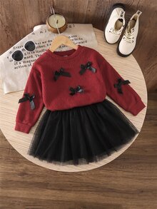 SHEIN 2pcs/Set Girls Autumn/Winter Outfit, 3D Bow Decor Sweater Top And Mesh Skirt, Casual Fashion Style - Burgundy - View 5