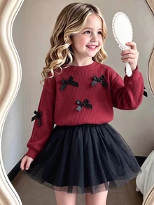 SHEIN 2pcs/Set Girls Autumn/Winter Outfit, 3D Bow Decor Sweater Top And Mesh Skirt, Casual Fashion Style - Burgundy - View 1