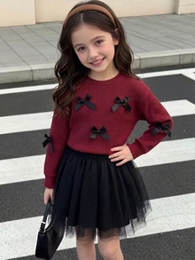 SHEIN 2pcs/Set Girls Autumn/Winter Outfit, 3D Bow Decor Sweater Top And Mesh Skirt, Casual Fashion Style - Burgundy - View 4