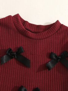 SHEIN 2pcs/Set Girls Autumn/Winter Outfit, 3D Bow Decor Sweater Top And Mesh Skirt, Casual Fashion Style - Burgundy - View 7