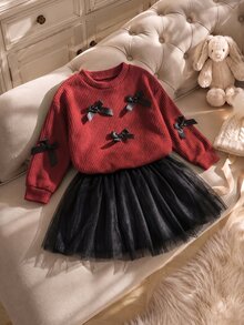 SHEIN 2pcs/Set Girls Autumn/Winter Outfit, 3D Bow Decor Sweater Top And Mesh Skirt, Casual Fashion Style - Burgundy - View 6
