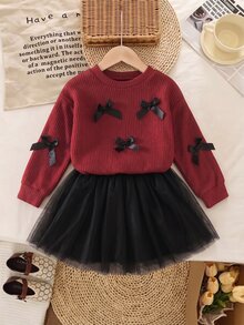 SHEIN 2pcs/Set Girls Autumn/Winter Outfit, 3D Bow Decor Sweater Top And Mesh Skirt, Casual Fashion Style - Burgundy - View 3