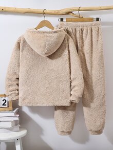 SHEIN 2件組兒童青少年男孩休閒日常百搭舒適毛絨拼接連帽半拉鍊長袖衛衣與寬鬆收口針織褲保暖內裡加厚運動套裝 - 卡其色 - 查看 3