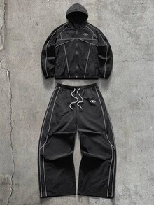 AXEPEAK Men's Geometric Print Long Sleeve Zip-Up Hooded Jacket And Pants Casual Set - Black - View 12