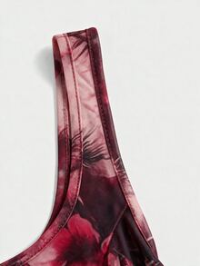 SHEIN MOD Rose Red Romantic Tie Dye Print Party Date Midi Dress, Pleated Ruffle Chiffon Tank Dress, Festivals, Christmas ,Christmas Dress,Burgundy - Hot Pink - View 4