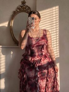 SHEIN MOD Rose Red Romantic Tie Dye Print Party Date Midi Dress, Pleated Ruffle Chiffon Tank Dress, Festivals, Christmas ,Christmas Dress,Burgundy - Hot Pink - View 5