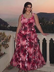 SHEIN MOD Rose Red Romantic Tie Dye Print Party Date Midi Dress, Pleated Ruffle Chiffon Tank Dress, Festivals, Christmas ,Christmas Dress,Burgundy - Hot Pink - View 1
