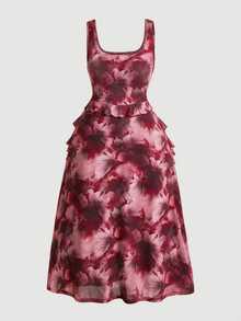 SHEIN MOD Rose Red Romantic Tie Dye Print Party Date Midi Dress, Pleated Ruffle Chiffon Tank Dress, Festivals, Christmas ,Christmas Dress,Burgundy - Hot Pink - View 2