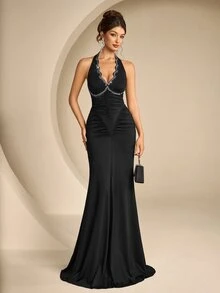 Coutiva Women's Rhinestone Embellished Deep V-Neck Fitted Mermaid Hem Elegant Halter Neck Formal Evening Gown (Heavy Workmanship) - Black - View 1