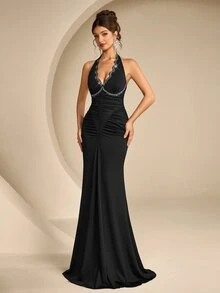 Coutiva Women's Rhinestone Embellished Deep V-Neck Fitted Mermaid Hem Elegant Halter Neck Formal Evening Gown (Heavy Workmanship) - Black - View 9
