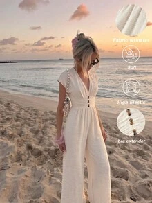 SHEIN MOD ,Stylish Women's White Textured Deep V-Neck Jumpsuit With Short Sleeves And Flattering Button Accents,Linen Outfits For Women - Apricot - View 2