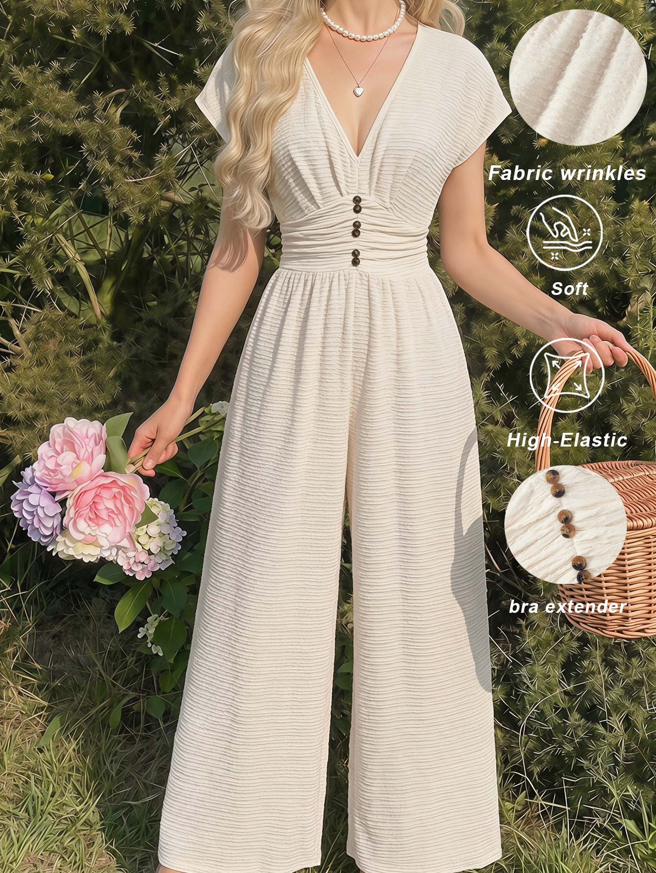 SHEIN MOD ,Stylish Women's White Textured Deep V-Neck Jumpsuit With Short Sleeves And Flattering Button Accents,Linen Outfits For Women - Apricot - View 1