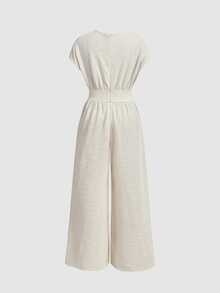 SHEIN MOD ,Stylish Women's White Textured Deep V-Neck Jumpsuit With Short Sleeves And Flattering Button Accents,Linen Outfits For Women - Apricot - View 4