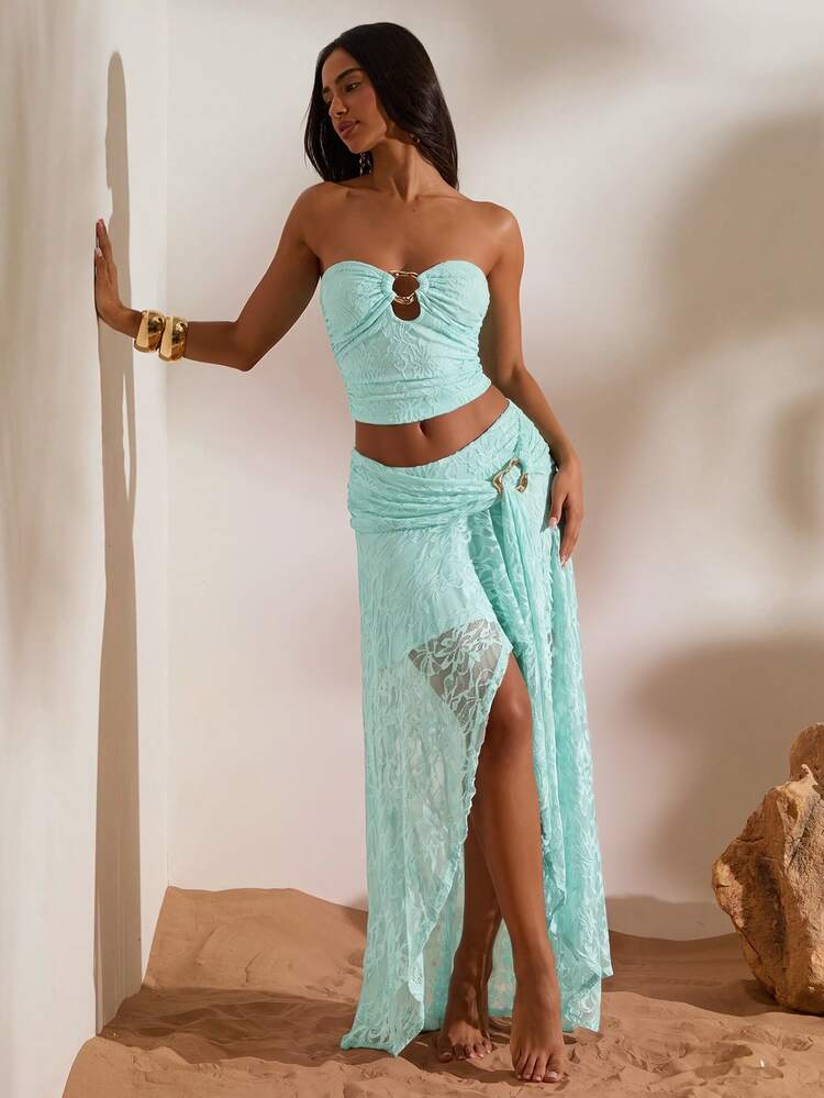 Opulessa Spring/Summer Knit Printed Tube Top & Skirt 2 Pieces Set For Women - Blue - View 6