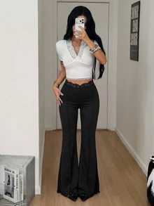 Coolane 女款秋季優雅性感 Y2K 黑色聚酯纖維高腰蕾絲飾邊修身彈性喇叭褲，適合外出、派對與夜晚穿著 - 黑色 - 查看 6