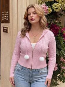 SHEIN MOD Plus Size Sweet Fashion Long Sleeve Hooded Knit Cardigan - Pink - View 7