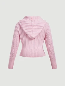 SHEIN MOD Plus Size Sweet Fashion Long Sleeve Hooded Knit Cardigan - Pink - View 2