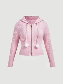 SHEIN MOD Plus Size Sweet Fashion Long Sleeve Hooded Knit Cardigan - Pink - View 3