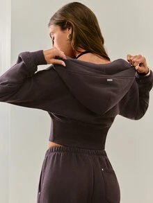 GLOWMODE Cozy Street Collection Everyday Fleece Warm Glow V-Neck Full-Zip Hoodie With Ribbed Corset-Style Waist Daily Casual Fall Winter Wear - Brown - View 3