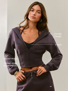 GLOWMODE Cozy Street Collection Everyday Fleece Warm Glow V-Neck Full-Zip Hoodie With Ribbed Corset-Style Waist Daily Casual Fall Winter Wear - Brown - View 2