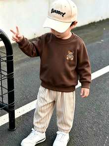 Souflis Souflis French Style New Baby Boys 0-3 Years 2-Piece Brown Sweatshirt Set, Crew Neck Sweatshirt With Bear Pattern And Striped Pants, Suitable For Outings, School And Other Occasions - Brown - View 8