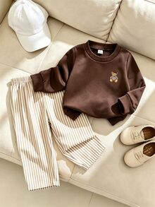Souflis Souflis French Style New Baby Boys 0-3 Years 2-Piece Brown Sweatshirt Set, Crew Neck Sweatshirt With Bear Pattern And Striped Pants, Suitable For Outings, School And Other Occasions - Brown - View 3