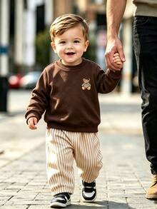 Souflis Souflis French Style New Baby Boys 0-3 Years 2-Piece Brown Sweatshirt Set, Crew Neck Sweatshirt With Bear Pattern And Striped Pants, Suitable For Outings, School And Other Occasions - Brown - View 9