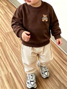 Souflis Souflis French Style New Baby Boys 0-3 Years 2-Piece Brown Sweatshirt Set, Crew Neck Sweatshirt With Bear Pattern And Striped Pants, Suitable For Outings, School And Other Occasions - Brown - View 7
