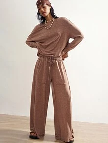 Bohemela Casual Solid Color Knit Loose Sweatshirt & Loose Pants Women 2 Pieces Set - Brown - View 5