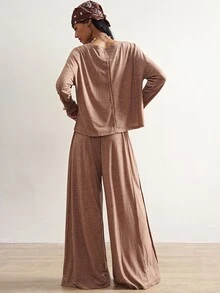 Bohemela Casual Solid Color Knit Loose Sweatshirt & Loose Pants Women 2 Pieces Set - Brown - View 8