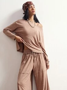 Bohemela Casual Solid Color Knit Loose Sweatshirt & Loose Pants Women 2 Pieces Set - Brown - View 7