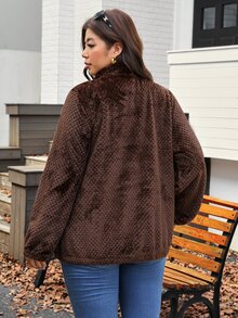 Comfylo Plus Size Casual Reversible Fleece Patchwork Jacket For Winter Winter Clothes - Brown - View 3